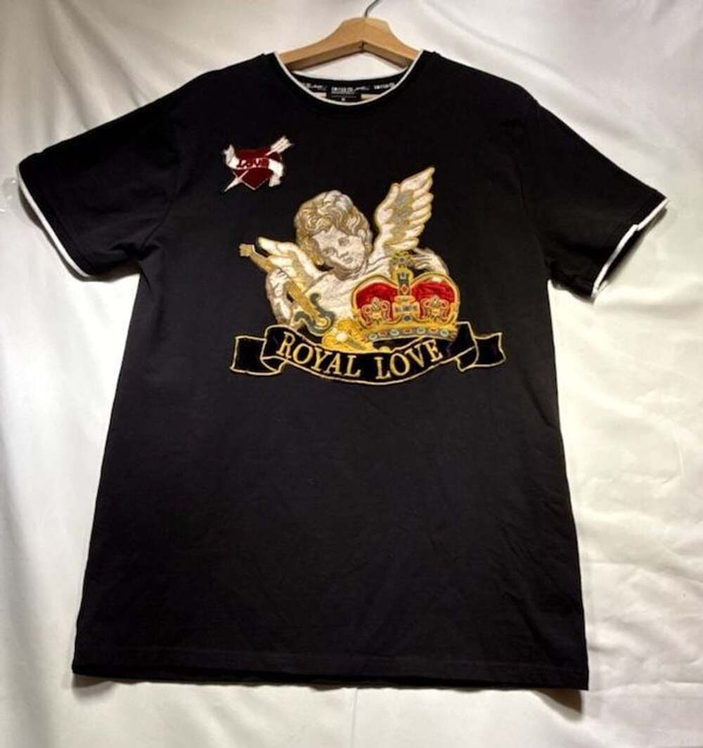 SWITCH Remarkable Men's Black Embroidered Royal Love Angel & Heart Patches T-Shi